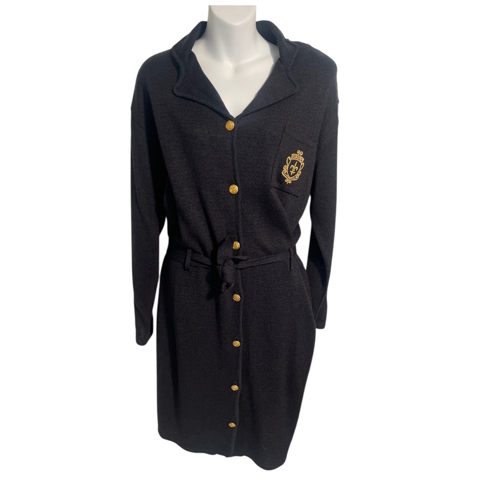 Vintage Knit Sweater Dress Academia Preppy Embroidered Crest Gold Buttons Medium
